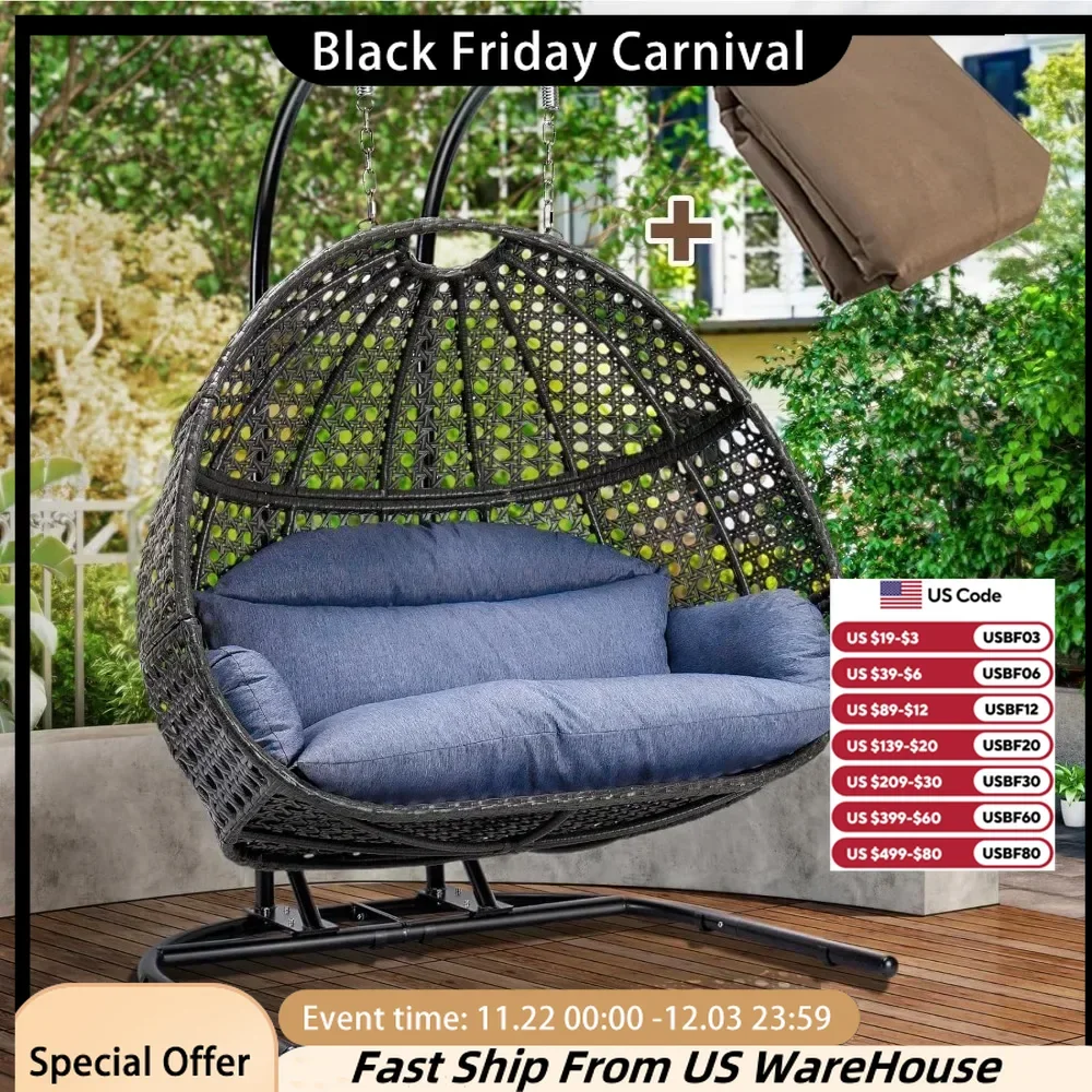 

2 Person Swing Chair with Stand, X-Large Wicker Rattan Hanging Egg Chair with Cushion and Cover, Patio Swings