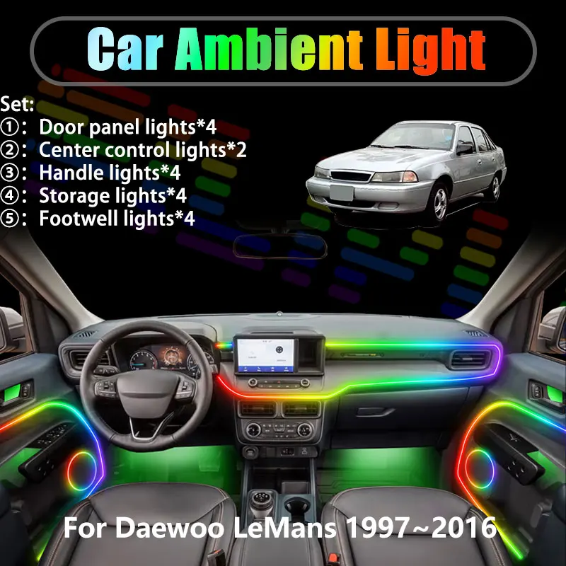 Para Daewoo LeMans 1997~2016 MK2 2.ª generación, 2/18 en 1, luces LED de ambiente para coche, luces LED interiores para maletero, USB RGB, conjunto de piezas Streamer