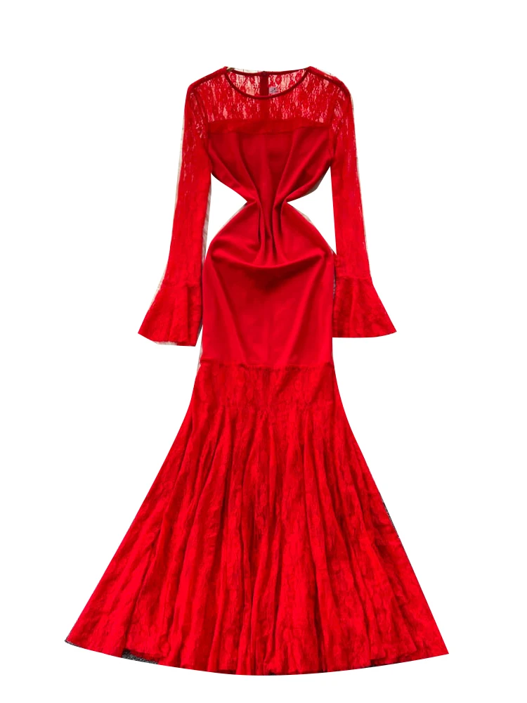 Ele renda longa sve sereia vestido feminino fino ajuste fi cauda dr cintura alta emenda ci commute verão faion dr