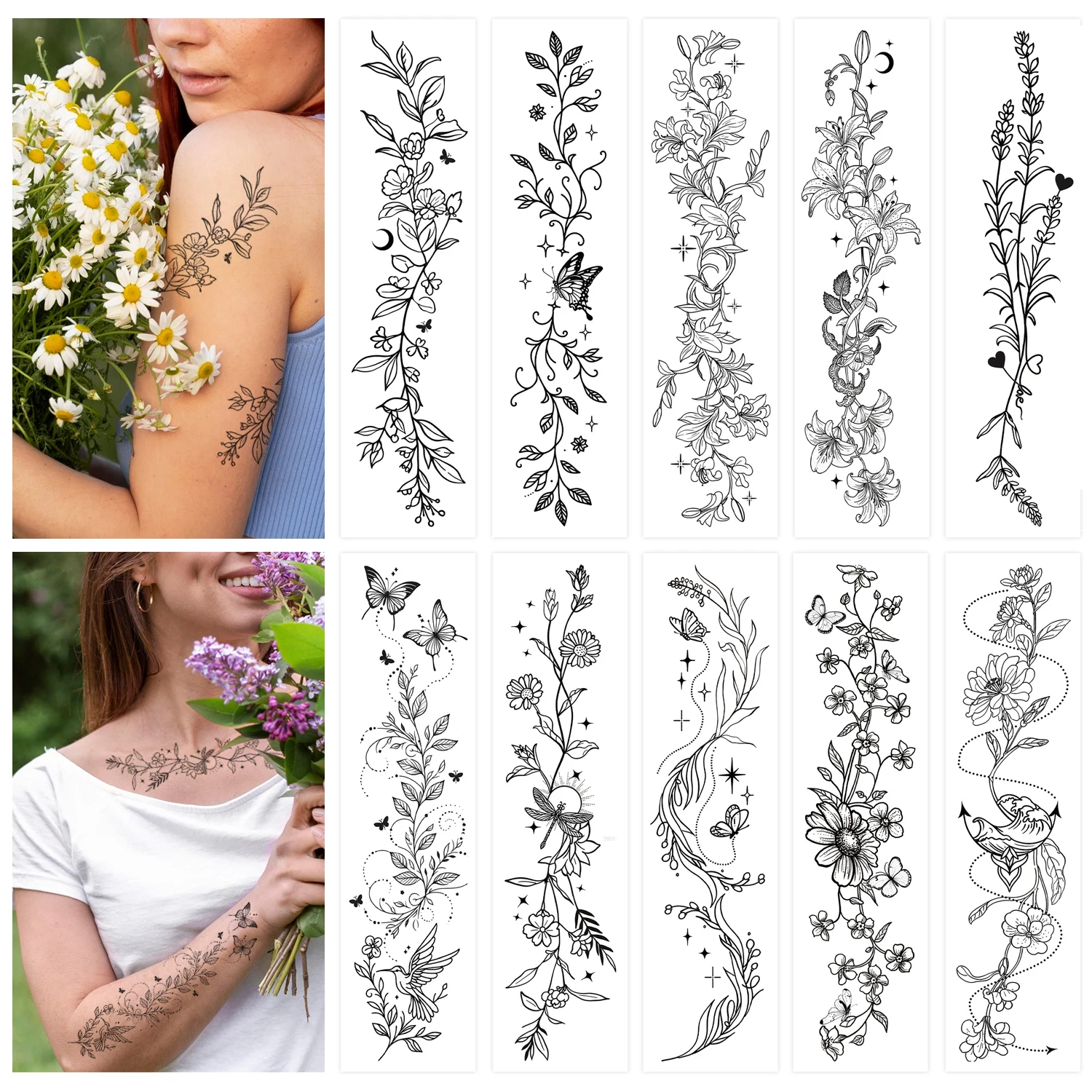 Tatouages temporaires pour femmes-10 feuilles branche fleur feuille plantes sauvages croquis réaliste longue durée tatouage étanche