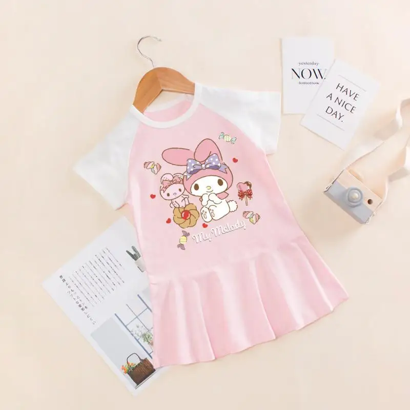 Sanrioed My Melody Kuromi Girl Dress Summer Kids Short Sleeve T-Shirt Skirt Fashion Pleated Skirt Prep Cute Kids Clothes Gift