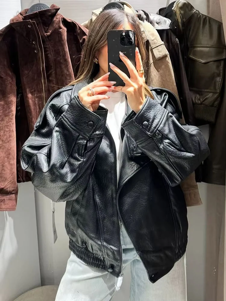 HH Autumn Women Street Style Loose Coats Woman Elegant Asymmetric Button Pocket Long Sleeves Black Zipper Slim Jackets