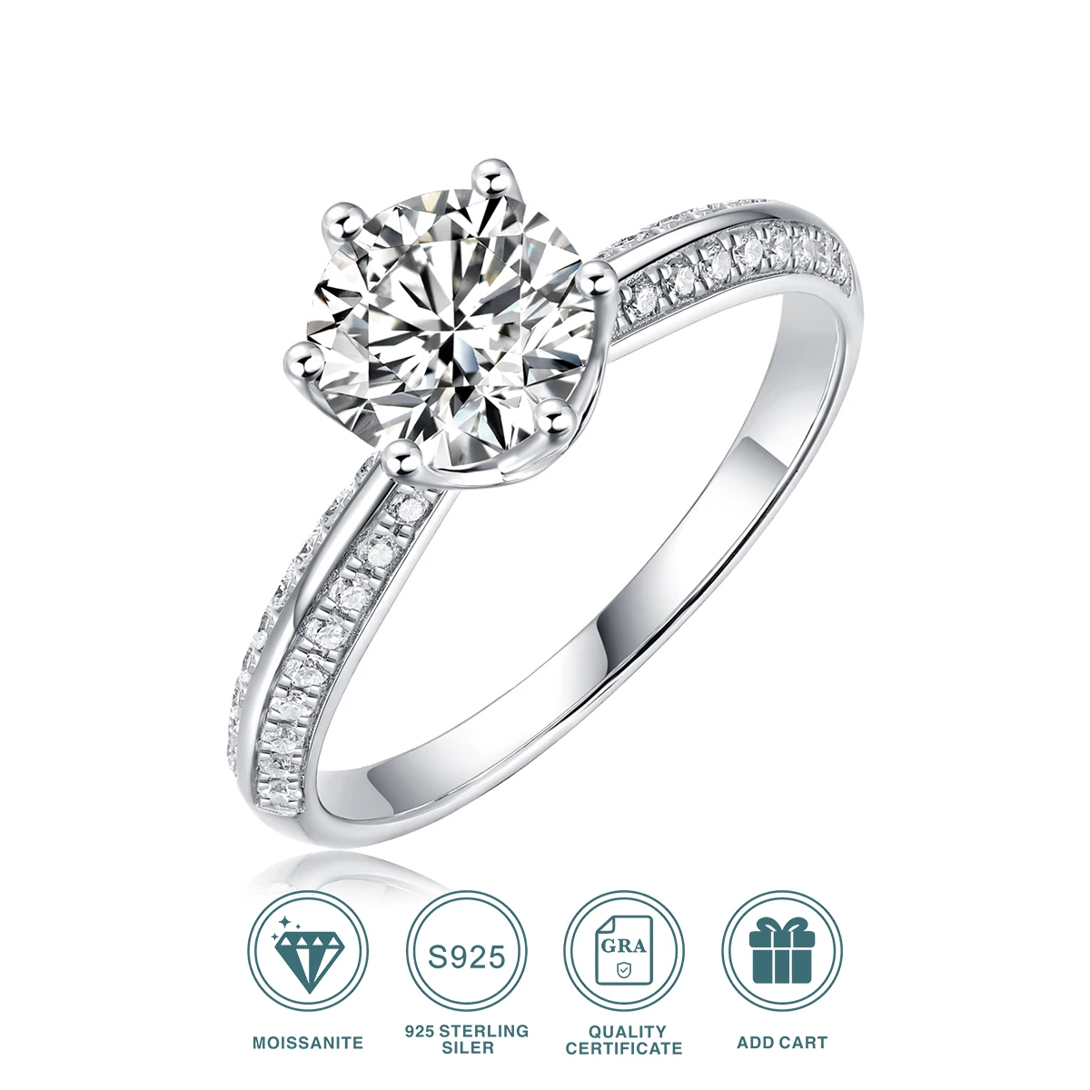JIUZUAN 1/2/3/5 Karat S925 Silber Sechsfach-Prong Moissanit-Ring für Damen, Klassischer Verlobungsschmuck, Eleganter Ehering