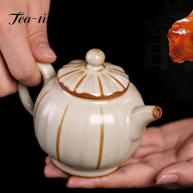 

220ml Retro Traditional Ru Kiln Ceramic Teapots Handmade Gold Line Tea Pot with Filter Travel Kettle Can Raise Chinese Tea Set
