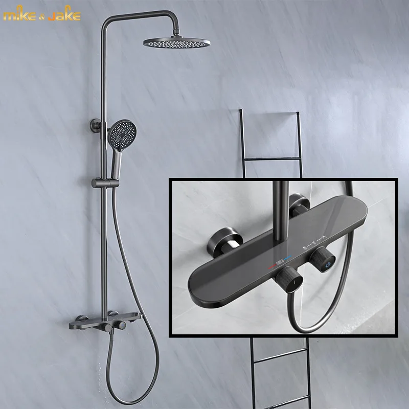 

Bathroom gunmetal gray shower set rainfall thermostatic shower faucet bathroom wall shower mixer hot and cold bath shower mixer