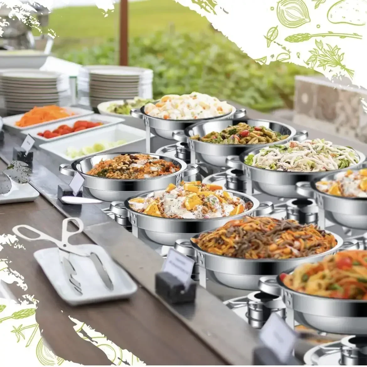 Outdoor 6QT Round Stainless Steel Food Warmer Kit Alcohol  heating pot Plate Restaurant Parties Wedding Food Keep fresh tray Pan