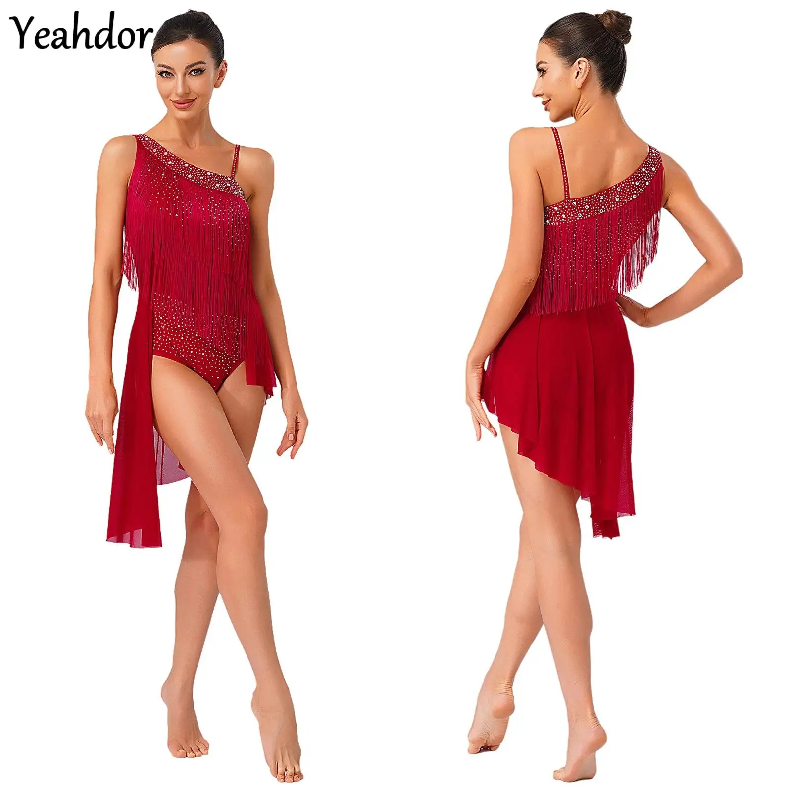

Women Tassel Latin Dance Leotard Dress Ballet Leotard Asymmetrical Shoulder Rhinestones Tango Cha-cha Salsa Skating Dancewear
