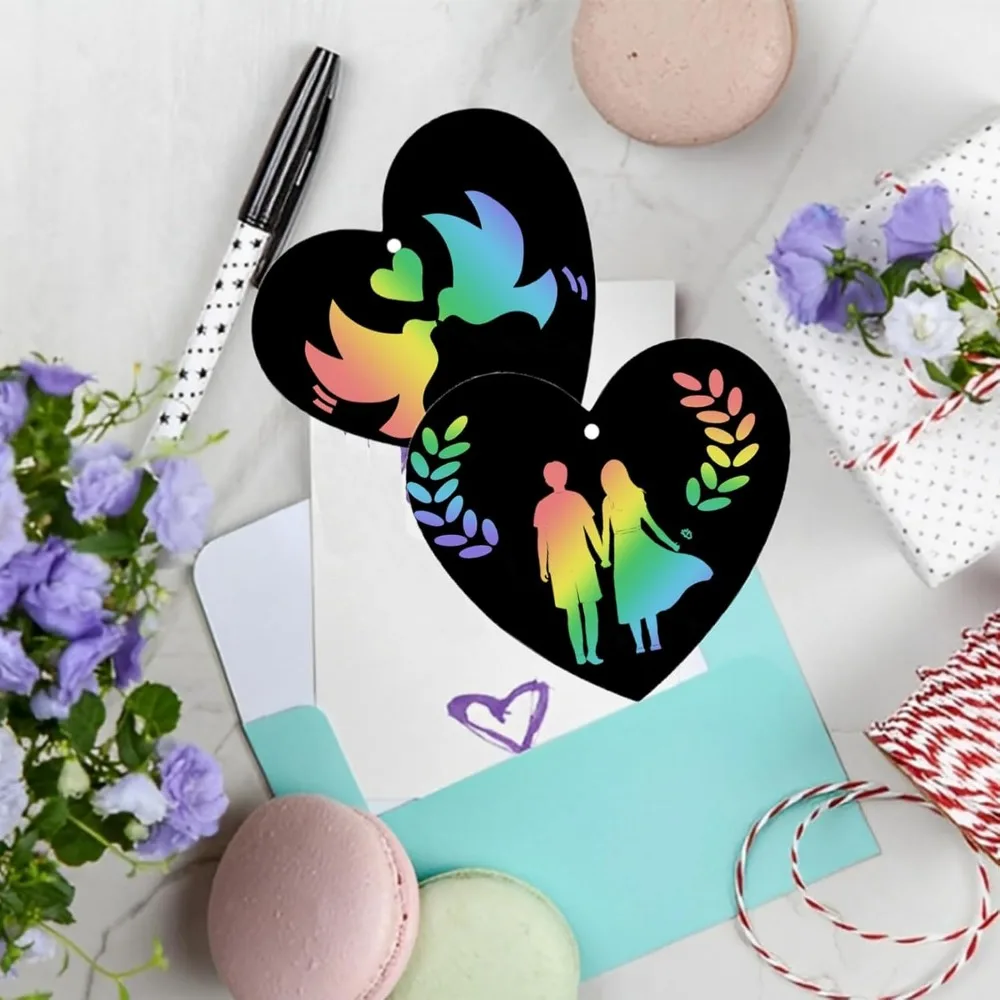 50 rainbow scratch paper, 10 wooden scratch paper sticks and 50 red heart-shaped scratch paper cards