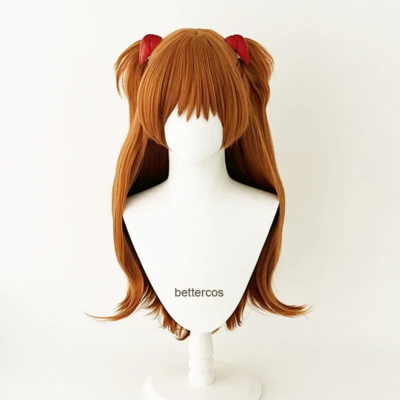 High Quality EVA Asuka Langley Soryu Cosplay Wigs Long Orange With 2 Ponytail Clips Heat Resistant Synthetic Hair Wig   Wig Cap