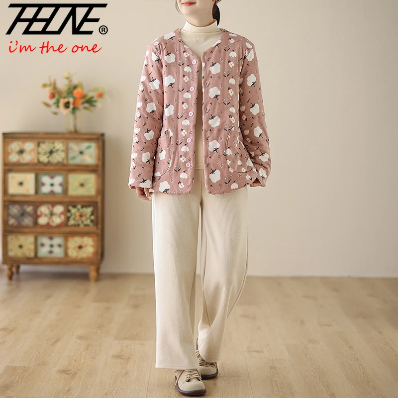 THHONE سترات شتوية سترات للنساء واحدة الصدر مبطن القطن الدافئة خمر طباعة الأزهار طويلة الأكمام معطف فضفاض ملابس خارجية