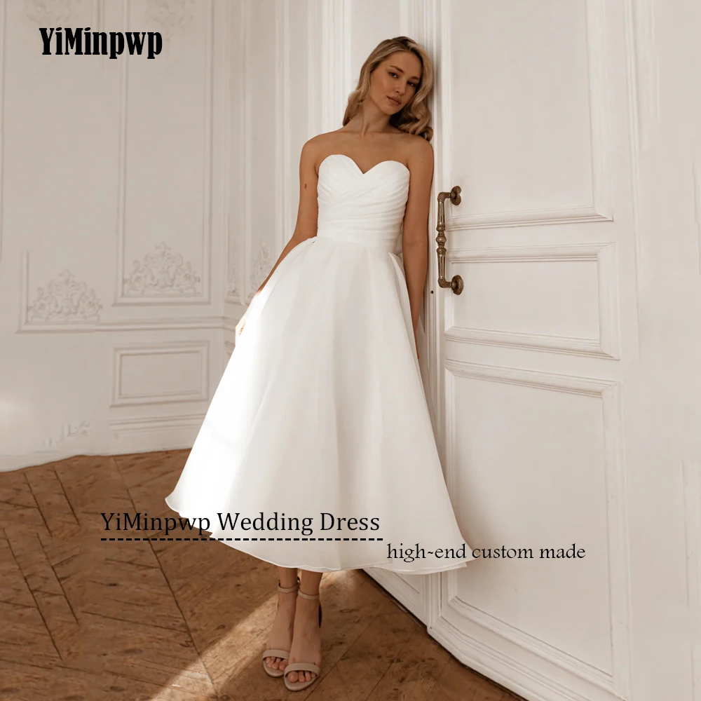 Gaun Pengantin Midi A-Line 2025 Tanpa Lengan Korset Organza Tanpa Tali Model Tea-Length Gaun Pengantin Custom vestidos de novia