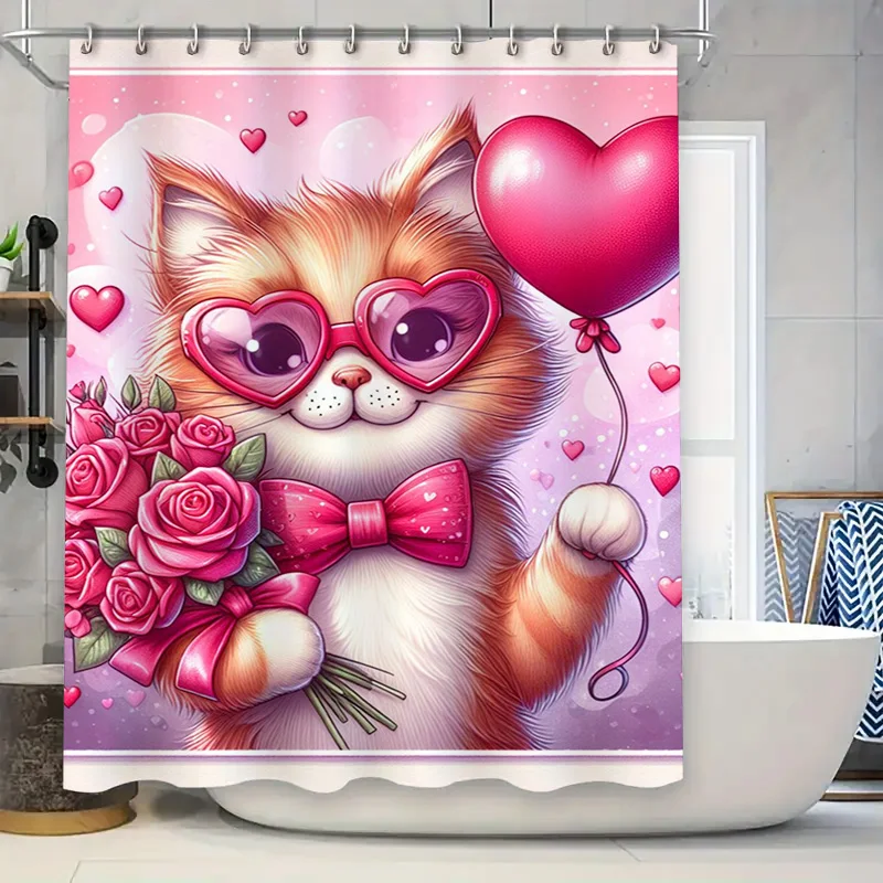 

Занавеска для душа с романтическим котом на День святого Валентина: розовые розы, украшение в виде воздушного шара в форме сердца для украшения ванной комнаты в домашнем саду (180 см x