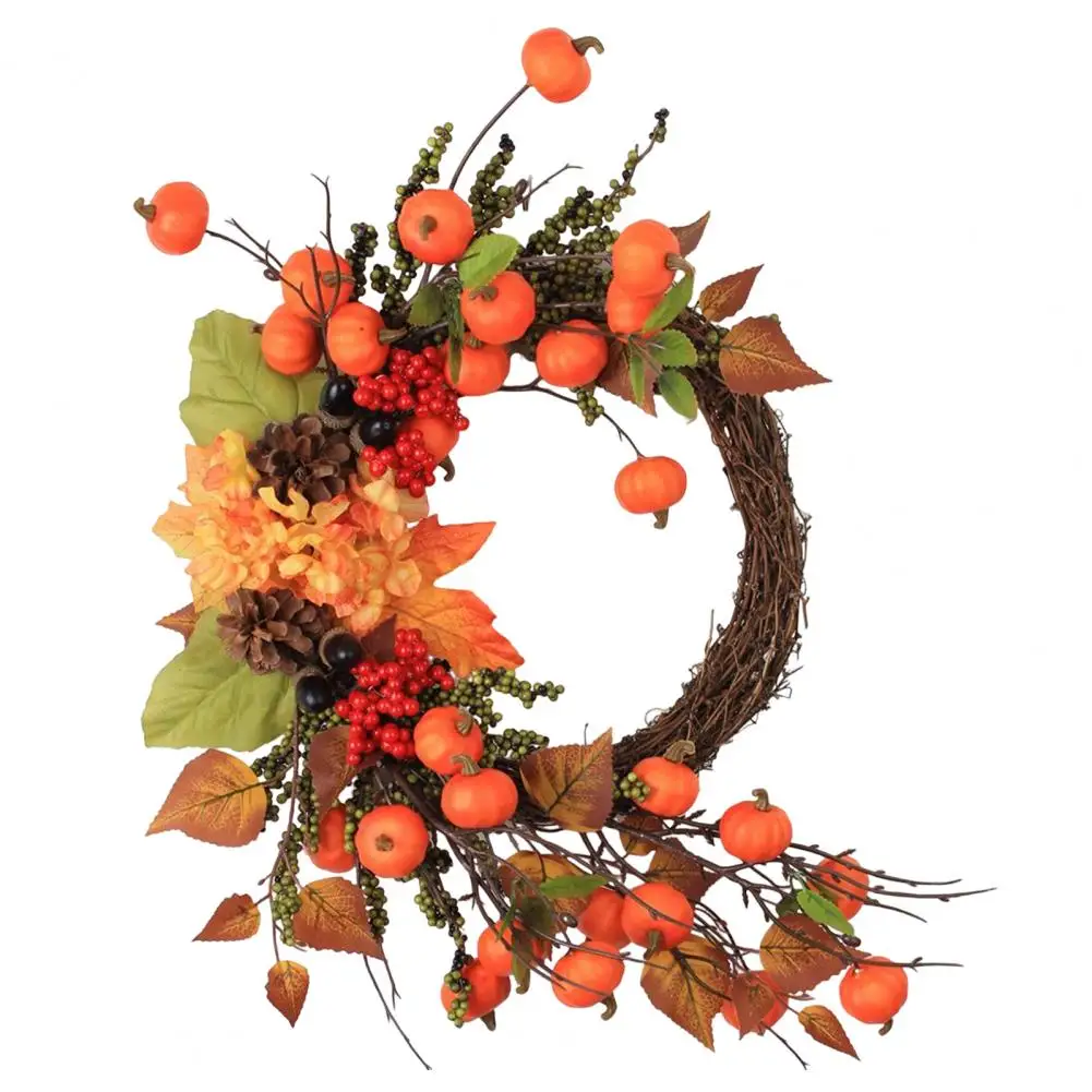 Rattan Base Fall Wreath Fall Wreath Vibrant Fall Harvest Wreath with Mini Pumpkins Berries for Front Door Home Decor Autumn