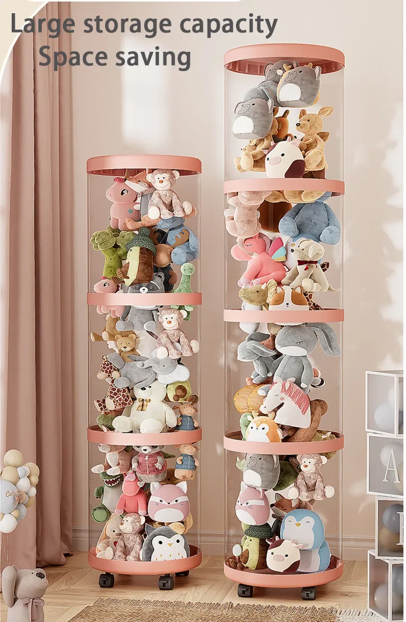 Plush Bucket Children\'s Toy Box Doll Storage Container Cylinder Transparent Moistureproof Storage Tube Organizer With Wheels