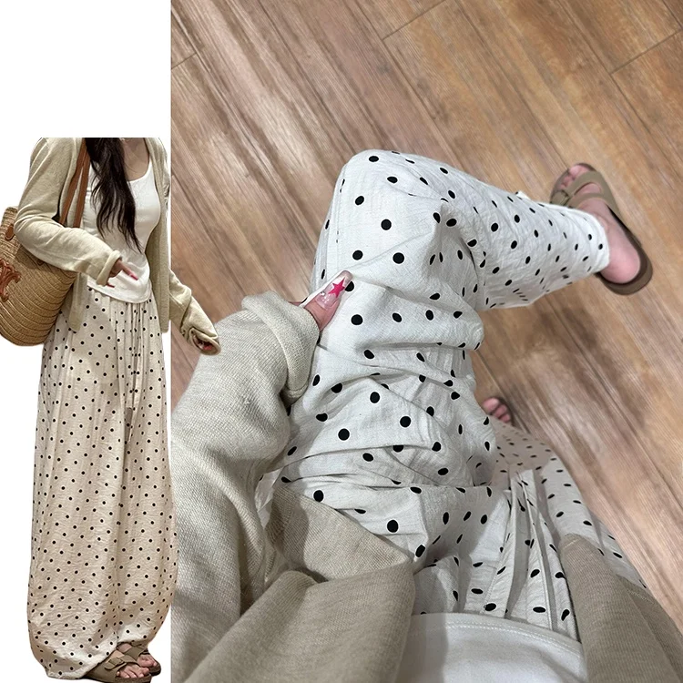 Korean Sle Cotton Linen Polka Dot Pants Women Summer Thin New Hanging Straight Casual Walking Wide Leg Pants High Waist Loo...