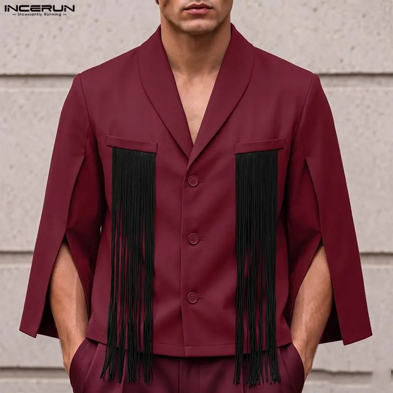 INCERUN Men Blazer Tassel Patchwork Lapel Split Long Sleeve Button Casual Male Suit Streetwear 2026 Fashion Cloak Blazer For Man