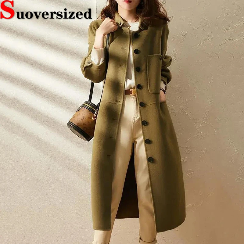 

Fall Winter Long Unlined Woolen Coats Elegant Women Single Breasted Abrigos Oversized 4xl Slim Overcoat Warm Wool Blend Jackets