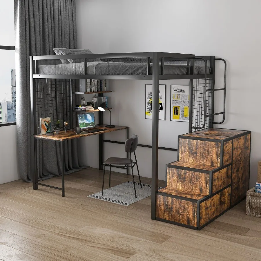 

Полная кровать-чердак со столом, зарядкой через USB, тяжелый металлический каркас, 4 скрытых ящика, стеллаж для хранения лестницы, компактный черный дизайн для Adu