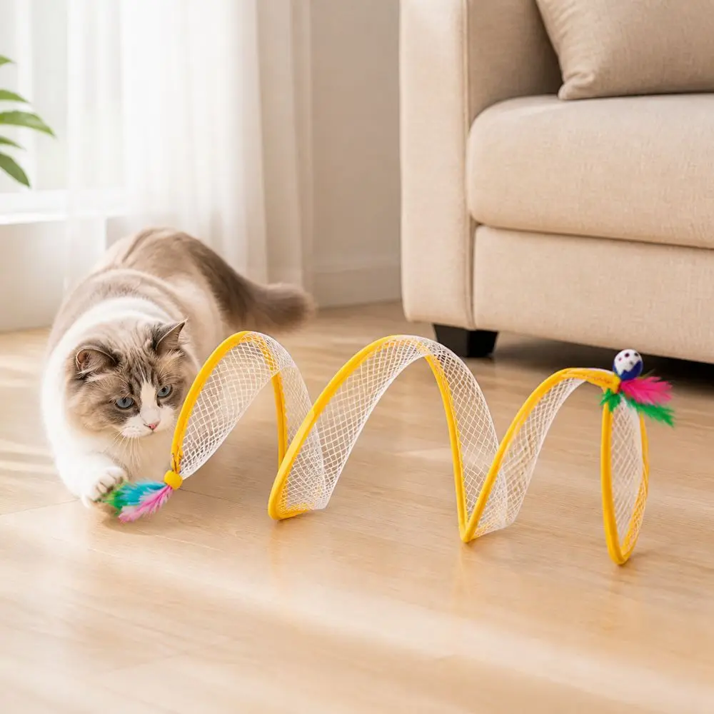 Polyester Mesh Cat Tunnel Toy Steel Wire Frame Flexible Spiral Structure Kitten Play Tunnel Collapsible Breathable Mesh