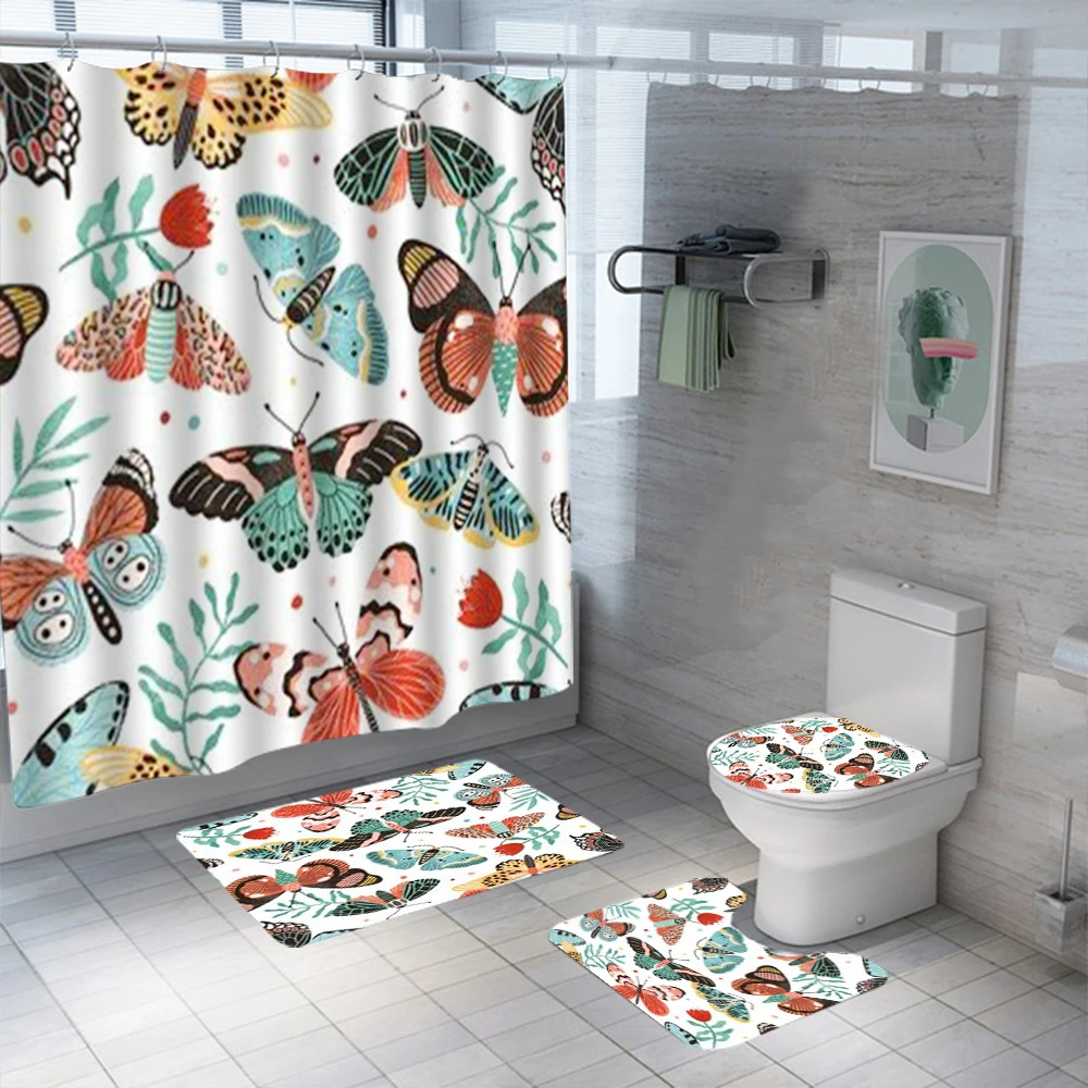 3D Beautiful Print Shower Curtain Set Waterproof Washable Polyester Bath Curtain Anti-slip Rugs Toilet Lid Cover Bath Mat Set