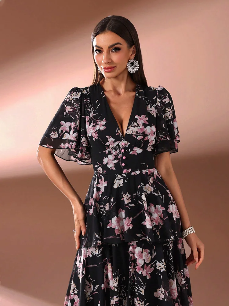 TOLEEN-Women Floral Print Long Maxi Dress, V-Neck Clothing, Ruffle Sleeve, Tiered Hem, Formal Party, Casual Elegant, Summer 2024