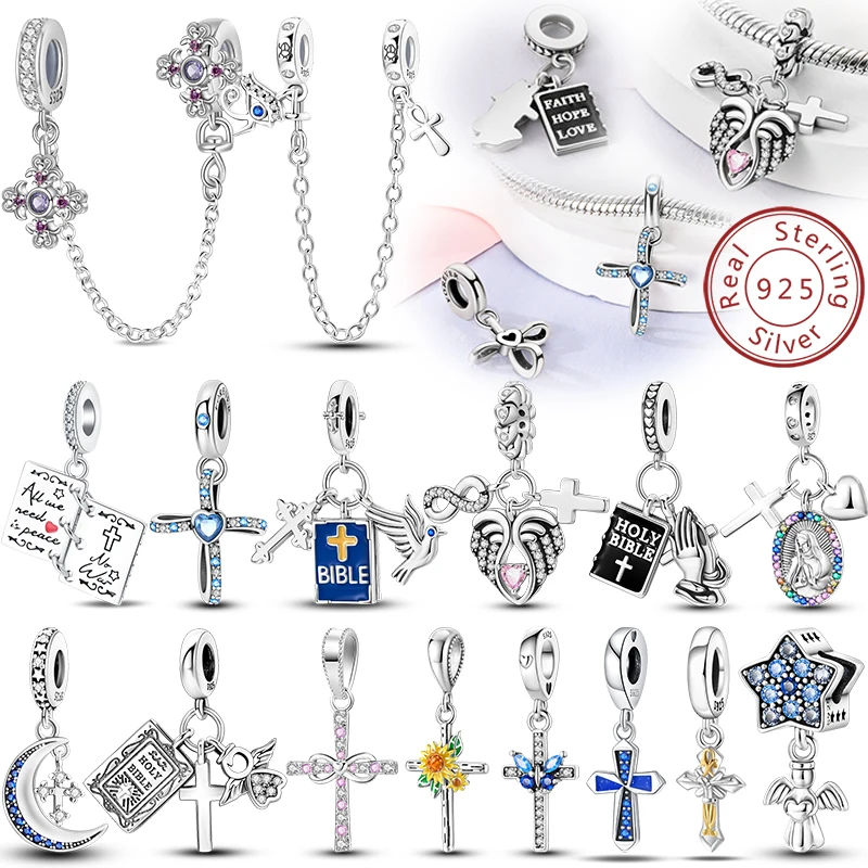 Holy Blessing 925 Sterling Silver Cross Wings Bible White Dove Classical 3mm Charms Beads Fit Pan Original Bracelets DIY Jewelry
