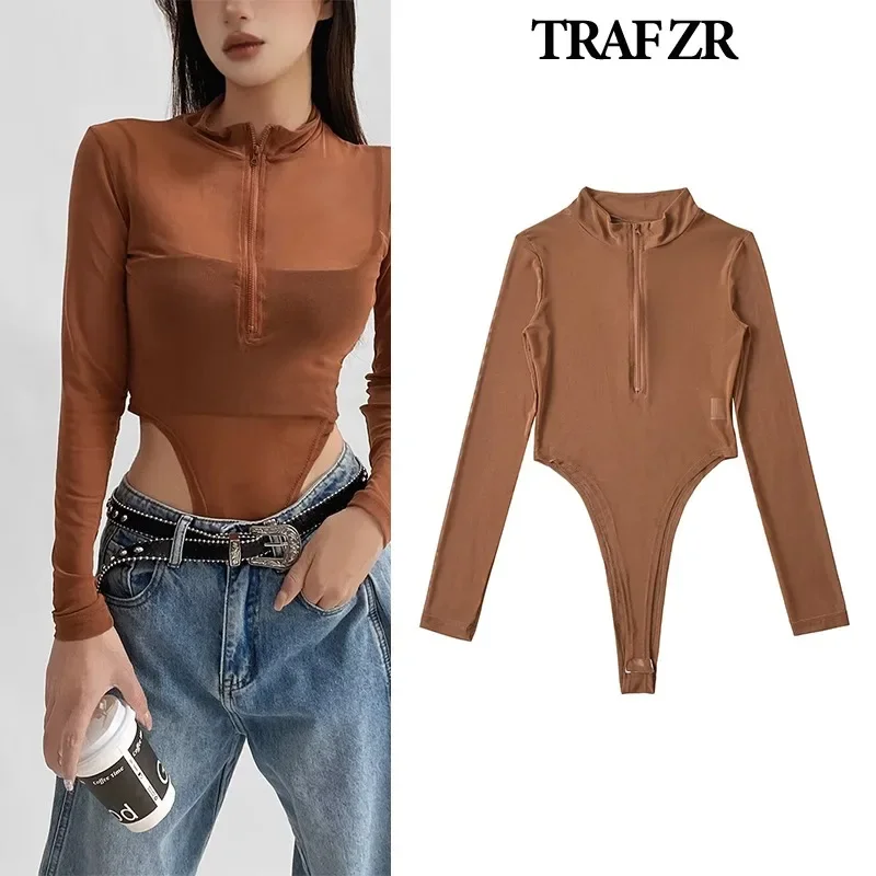 TRAF ZR Bodysuit Trend Sheer Mesh Summer Woman Bodysuit Long Sleeve Women\'s Bodysuits Summer Sexy Elegant Woman Bodysuits