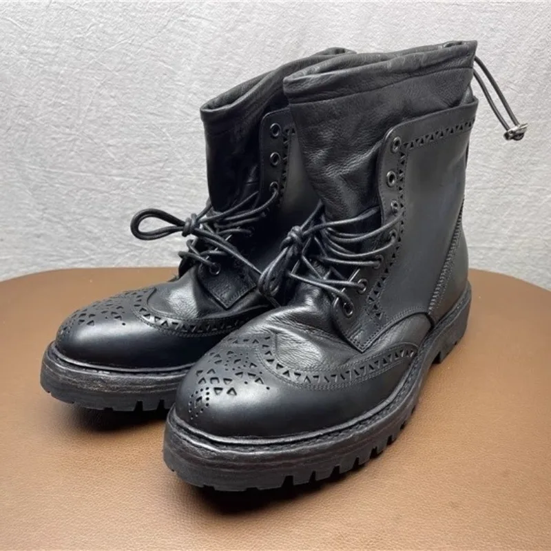 

New Design Men's Shoes Motorcycle Boots Genuine Leather Handmade Business Casual Brogue Boots Street Youth Fashion Ankle Boots