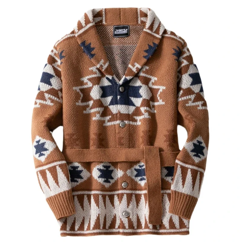 Cardigan Men Mid Length Coat Sweaters Turn Down Collar Thick Coats Casual Lace Up Belt Splice Open Stitch Autumn Winter