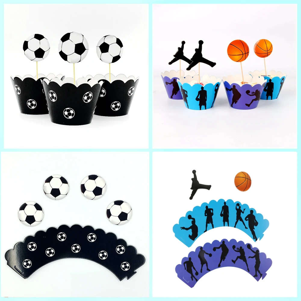 12pcs/lot Football Basketball Theme Baking Cupcake Wrapper BabyShower Birthday Party Picks Decoration Boys Favors Cupcake Topper