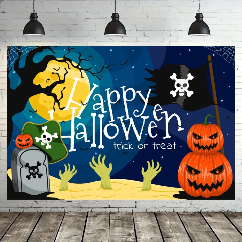Halloween Photography Backdground SpiderWeb Pumpkin Broom Witch Full Moon Kids Happy Halloween Party Decoration Backdrops Props