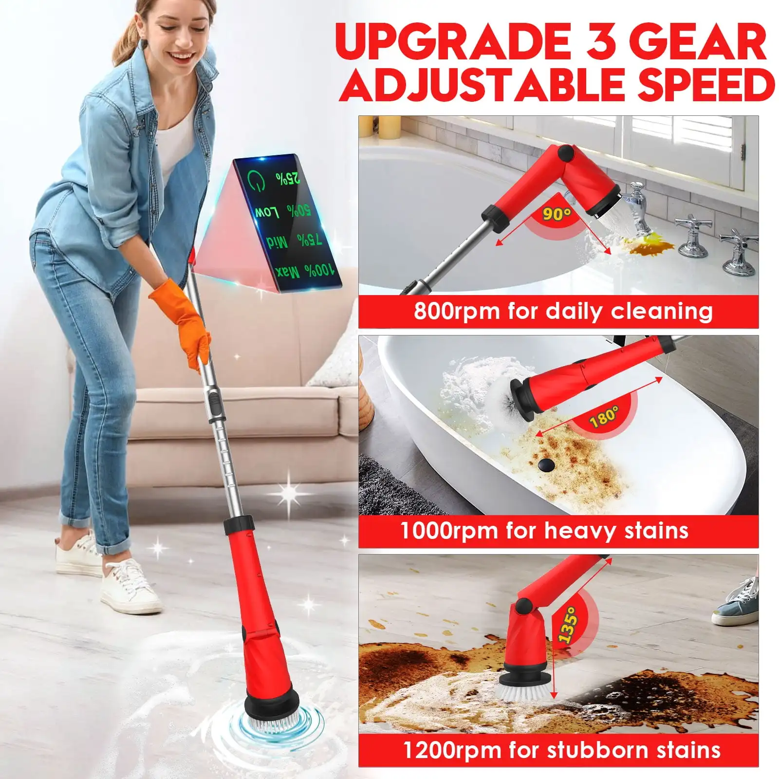 21V 1200RPM Electric Spin Scrubber Cordless Cleaning Brush with Adjustable Extension Arm for Home Dewalt Makita Milwaukee