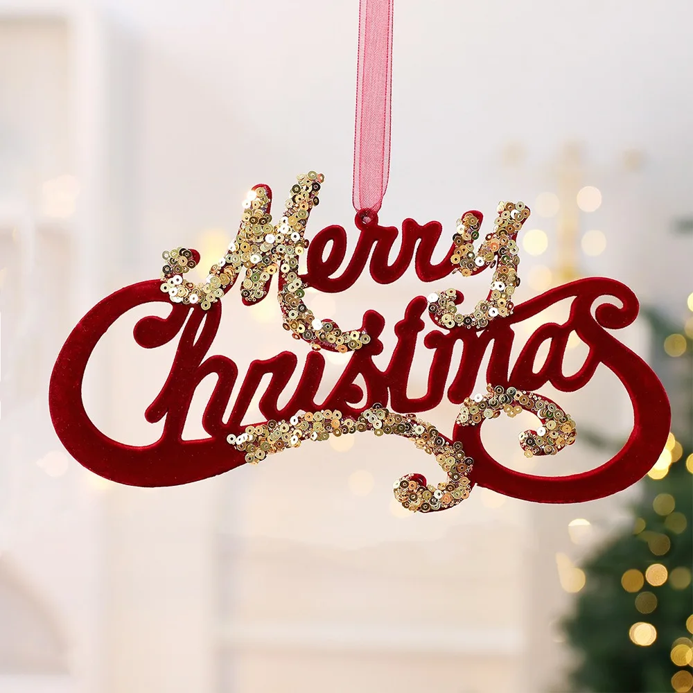 

Wine Red Christmas Tree Pendant Glitter Bow Flocking Snowflake Elk Hanging Ornaments Gold Sequin Ice Bar Xmas Tree Pendant