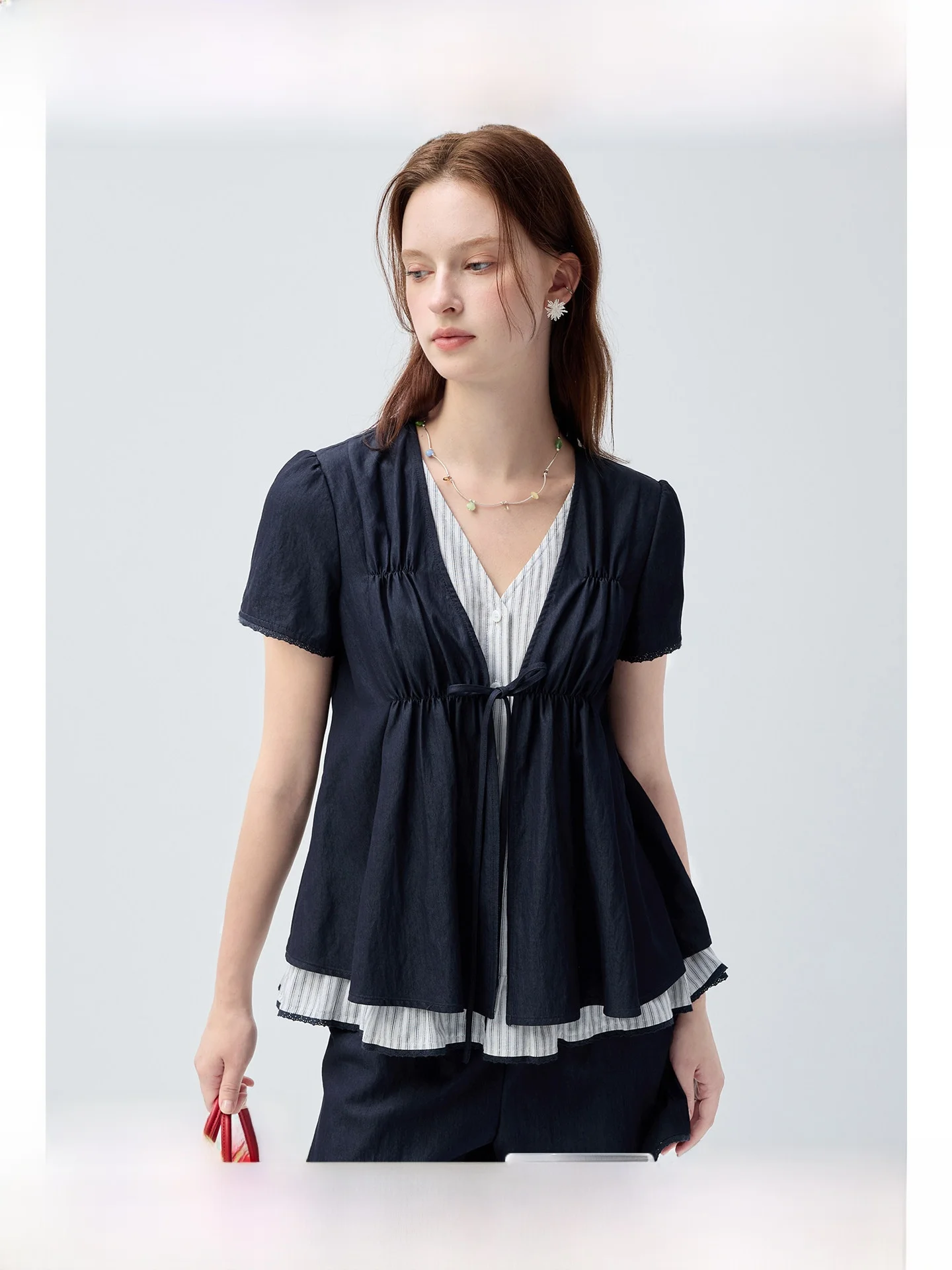 

plus Size Women's V-Neck Short Sleeve Slimming Top T-Shirt Casual Style Drawstring Waist Fashionable Summer New Arrival