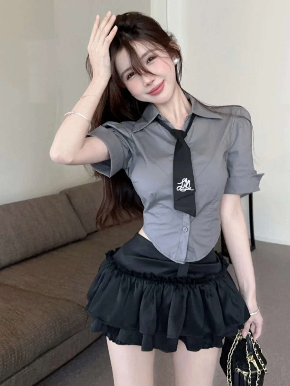 ort Sve Tie irt Top with Fluffy f Skirt Home College Sle Age-Defng 2025 JK orm Two-Piece Set Cotton  Co...fdfe