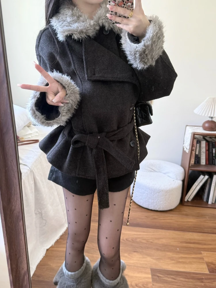 

Осеннее готическое винтажное элегантное женское пальто с меховым воротником, дизайнерские куртки в стиле ретро, пальто из искусственного меха, женская повседневная корейская популярная одежда