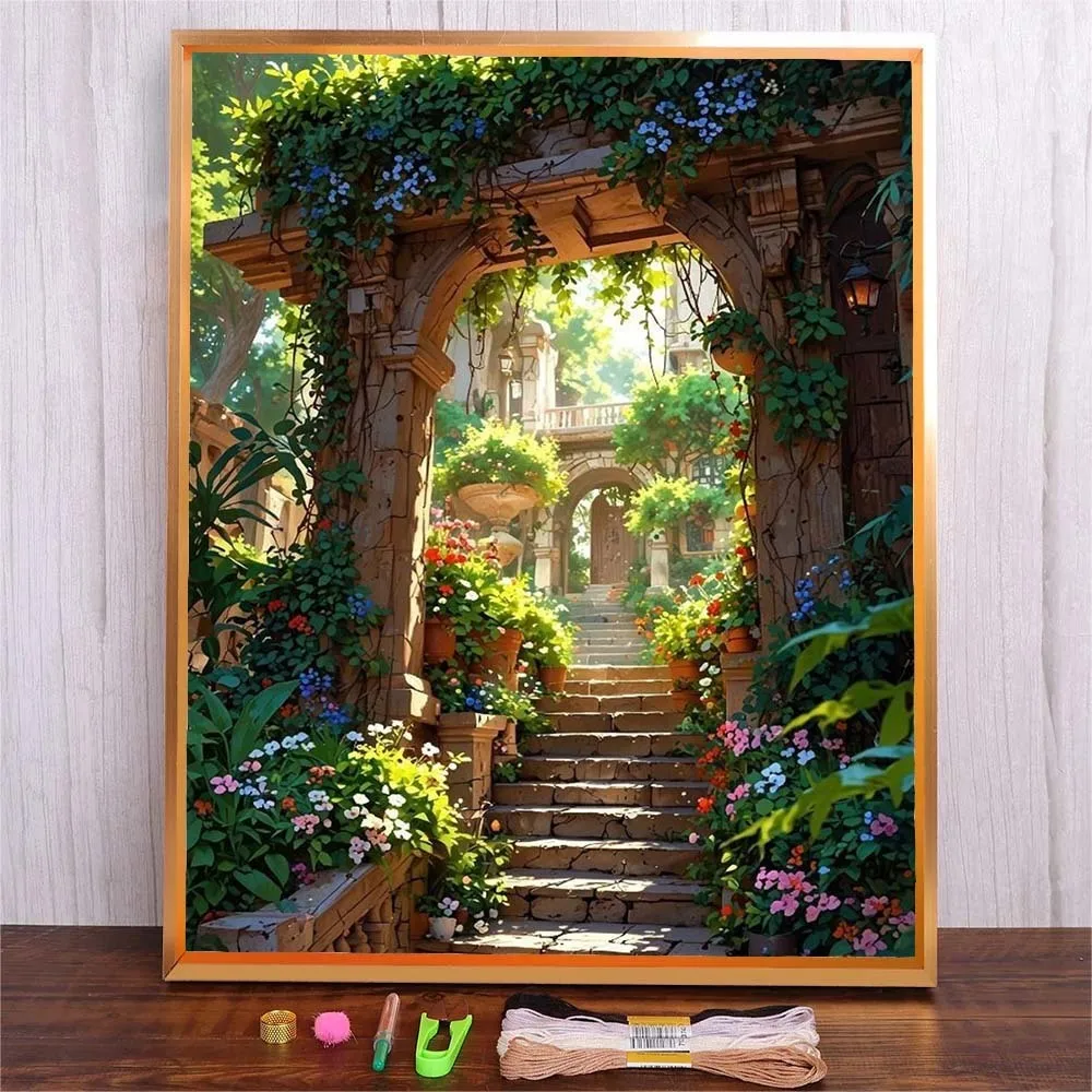 

Landscape Embroidery Kit With Needles Handmade Suitable For Beginners Home Decoration Cotton Thread Cross Stitch Plant Arch