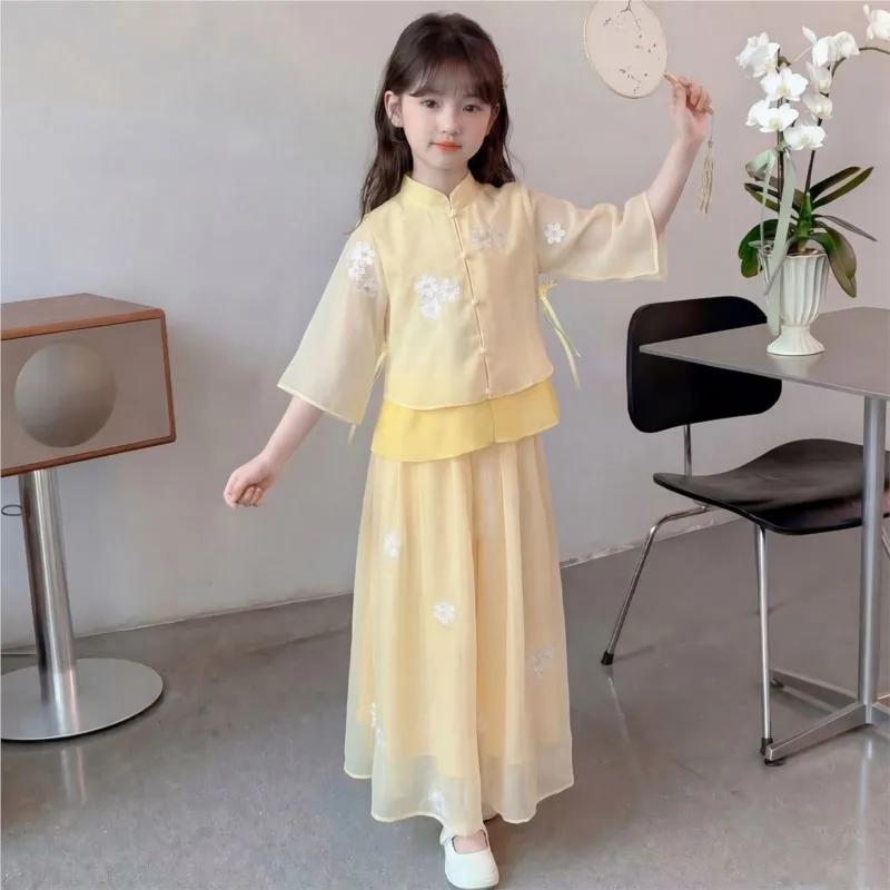 

Girls' Summer Clothing Set 2026 Children's Chinese Breathable Top Pants 2-piece Set Girls' Embroidered Top and Pants Set LJ593