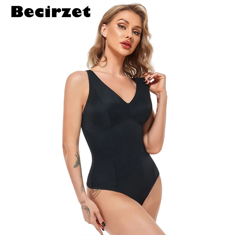 Becirzet Vrouwen Chic Shapewear Bodysuit Sexy V-hals Bodysuits Met Afneembare Cup Body Shaper Skinny Black Afslanken Ondergoed Bods