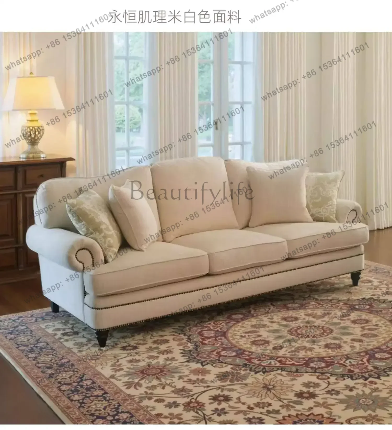 Classic American Retro Down Three-Person Sofa Imported Chenille Fabric Villa Rivets Simple Beautiful Style Designer