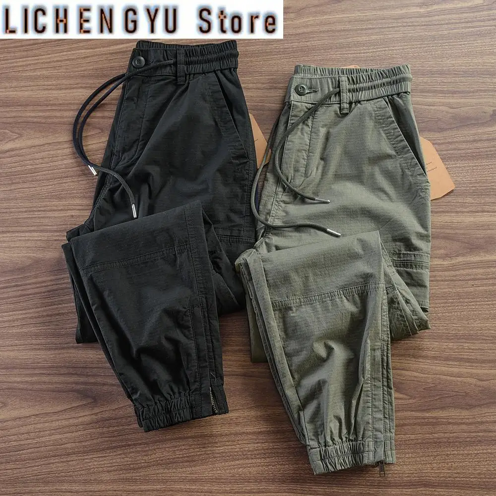 Summer New American Retro Drawstring Lightweight Outdoor Cargo Pants Men's Casual Loose Multi-pocket Ankle-tied Trousers