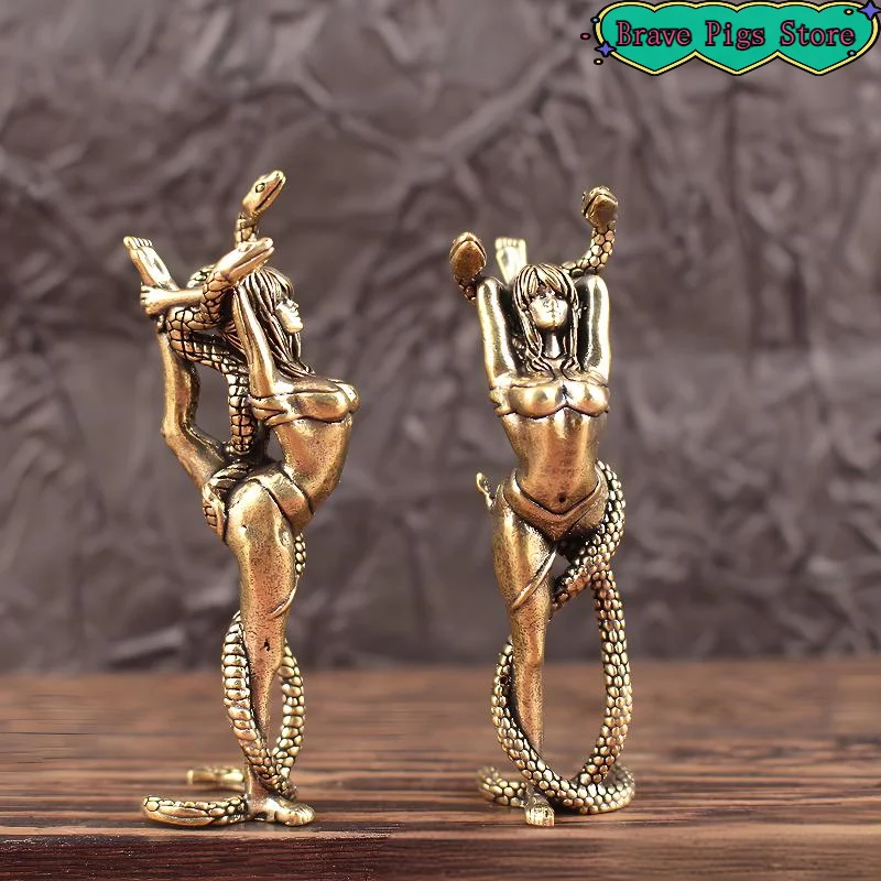 1Pcs Woman And Snake Brass Ornaments Desk Crafts Furniture Living Room Miniature Bronze Decoration