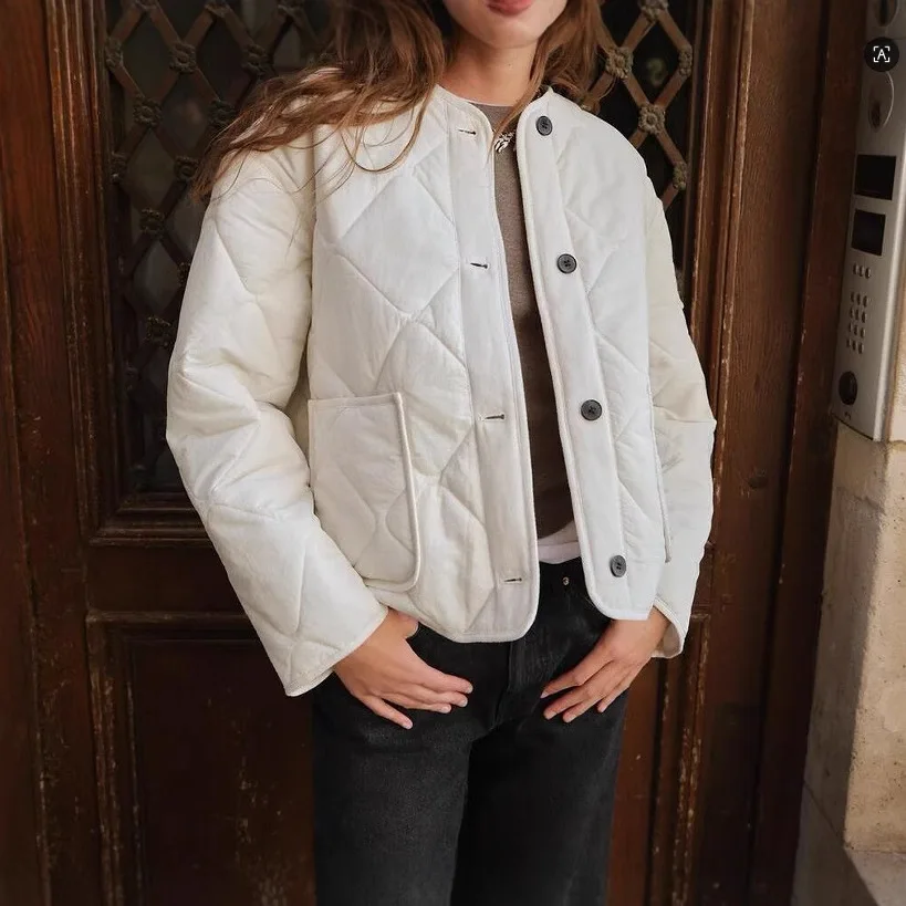 

Autumn Winter Fashionable Casual Style Women's Cotton Jacket Outerwear round Neck Single Button Diamond Patterned