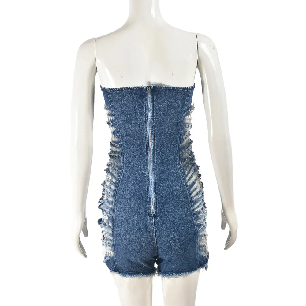 GIOIO ใหม่เซ็กซี่ Hollowed-OUT ripped Zipper หน้าอกยืด DENIM WASH jumpsuit