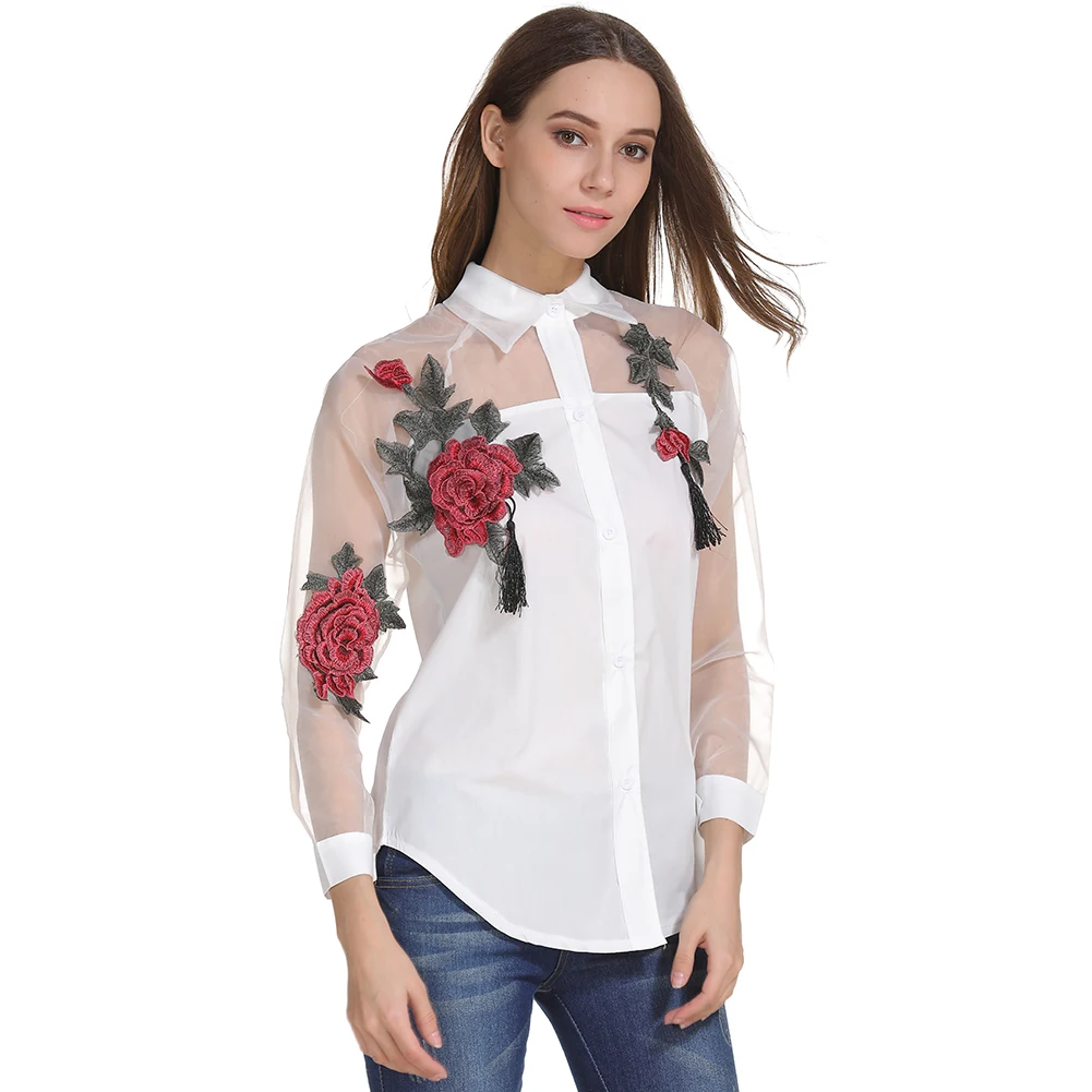 Fashion Women Organza Embroidery Flowers Chiffon Blouse Long Sleeve Casual Shirt Plus Size Female Stitching White Blouse S-3XL