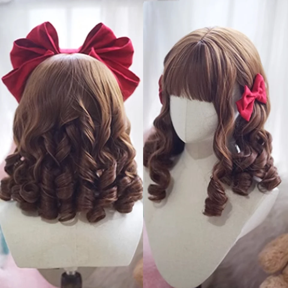 Roman CurlySynthetic Lolita Curly Hair With Bangs Red Golden Anime Wig Oberl Woman Party Cosplay WigFrench Noble Elegant