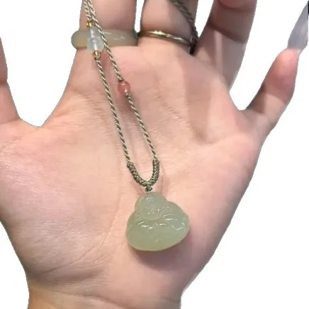 Natural Hetian Jade Light Blue Hugging Buddha Sweater Chain Jade Pendant Adjustable Rope Necklace Perfect Festival Gift