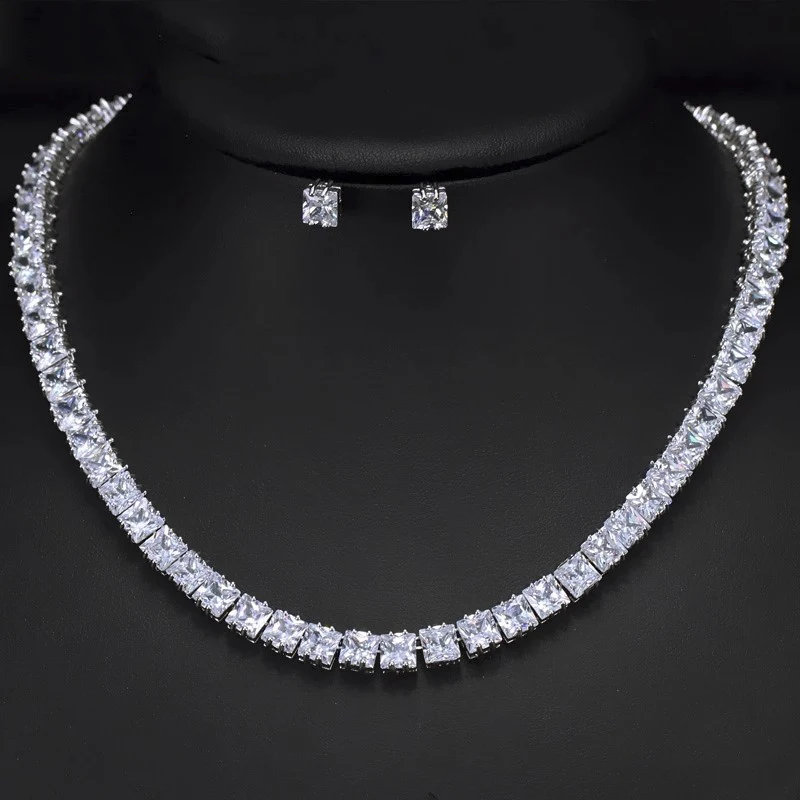 

ThreeGraces Shinning Princess Cut Cubic Zirconia Jewelry Set White Gold Color Choker Necklace Earrings For Party Women JS128