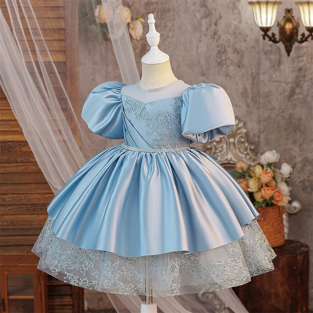 New Girls Princess Birthday Blue Dress Children Puff Sleeve Embroidered Satin Wedding Dress Little Girl Piano Host Costume ASQ03
