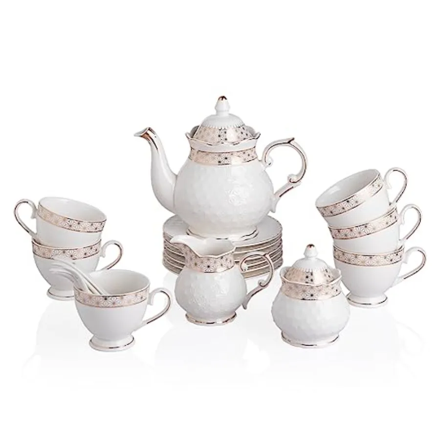 

Sweejar 21 Pieces Porcelain Tea Set Vintage Gold Trimmed Teapot Cup and Saucer Set Tea Cup for Loose Tea Sugar Bowl and Creamer